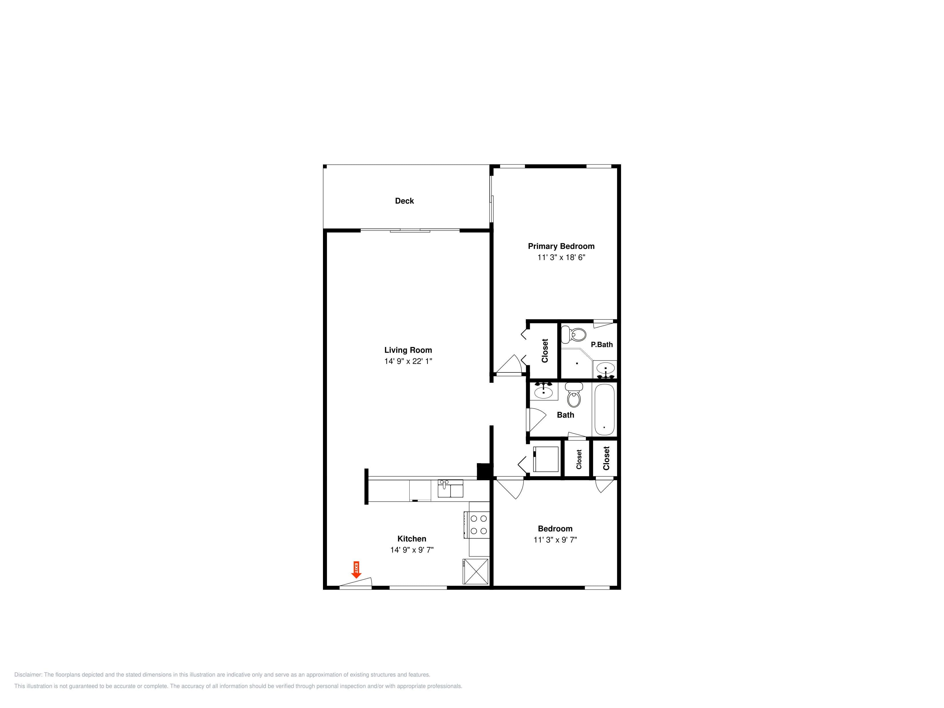 Plano de planta que muestra una sala de estar, cocina, dormitorio principal y dos baños.