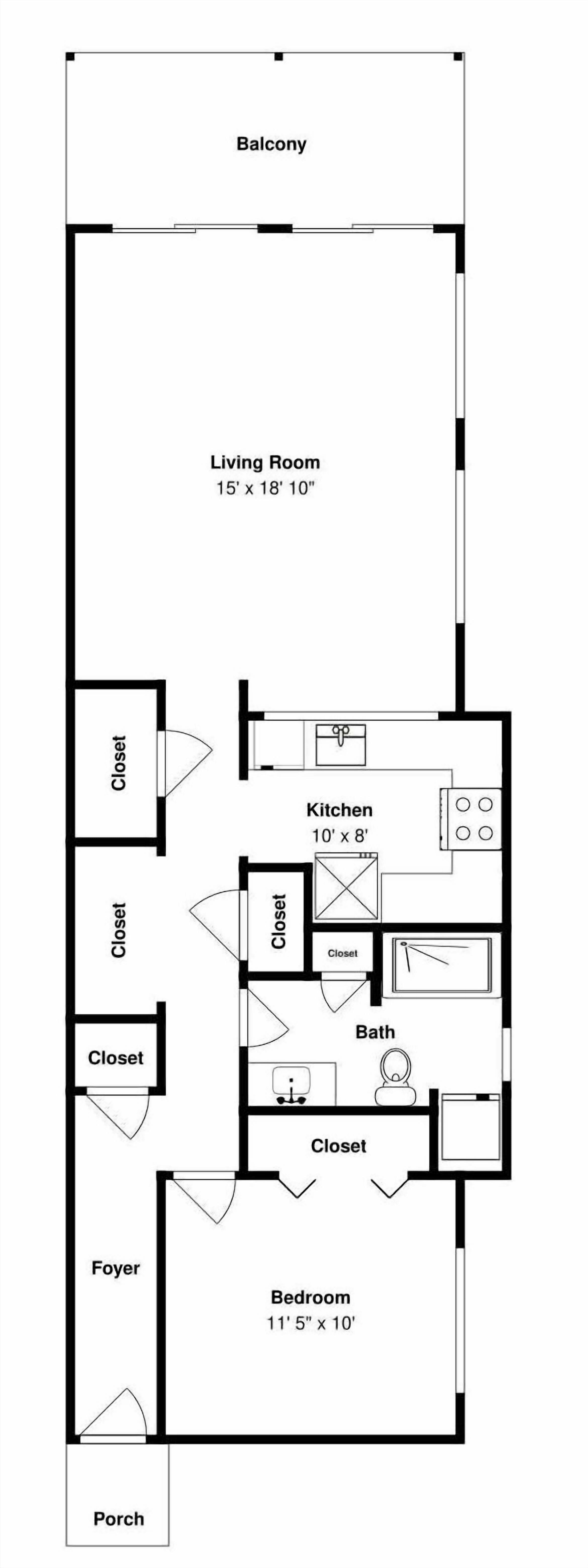 Un plan d’étage comprenant un balcon, un salon, une cuisine, une salle de bain, une chambre, des halls d’entrée et des placards.