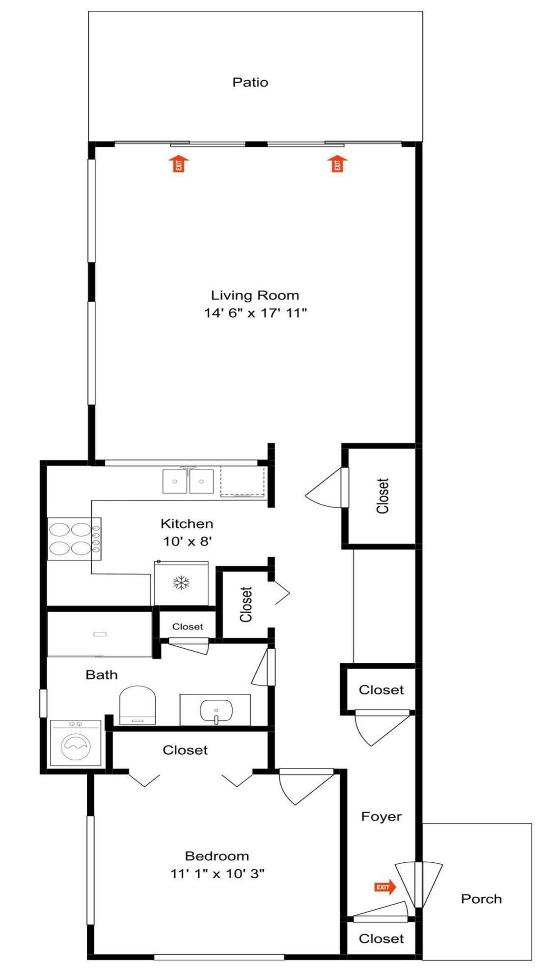 A floor plan with a patio, living room, kitchen, bathroom, bedroom, foyer, and porch.