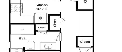 A floor plan with a patio, living room, kitchen, bathroom, bedroom, foyer, and porch.