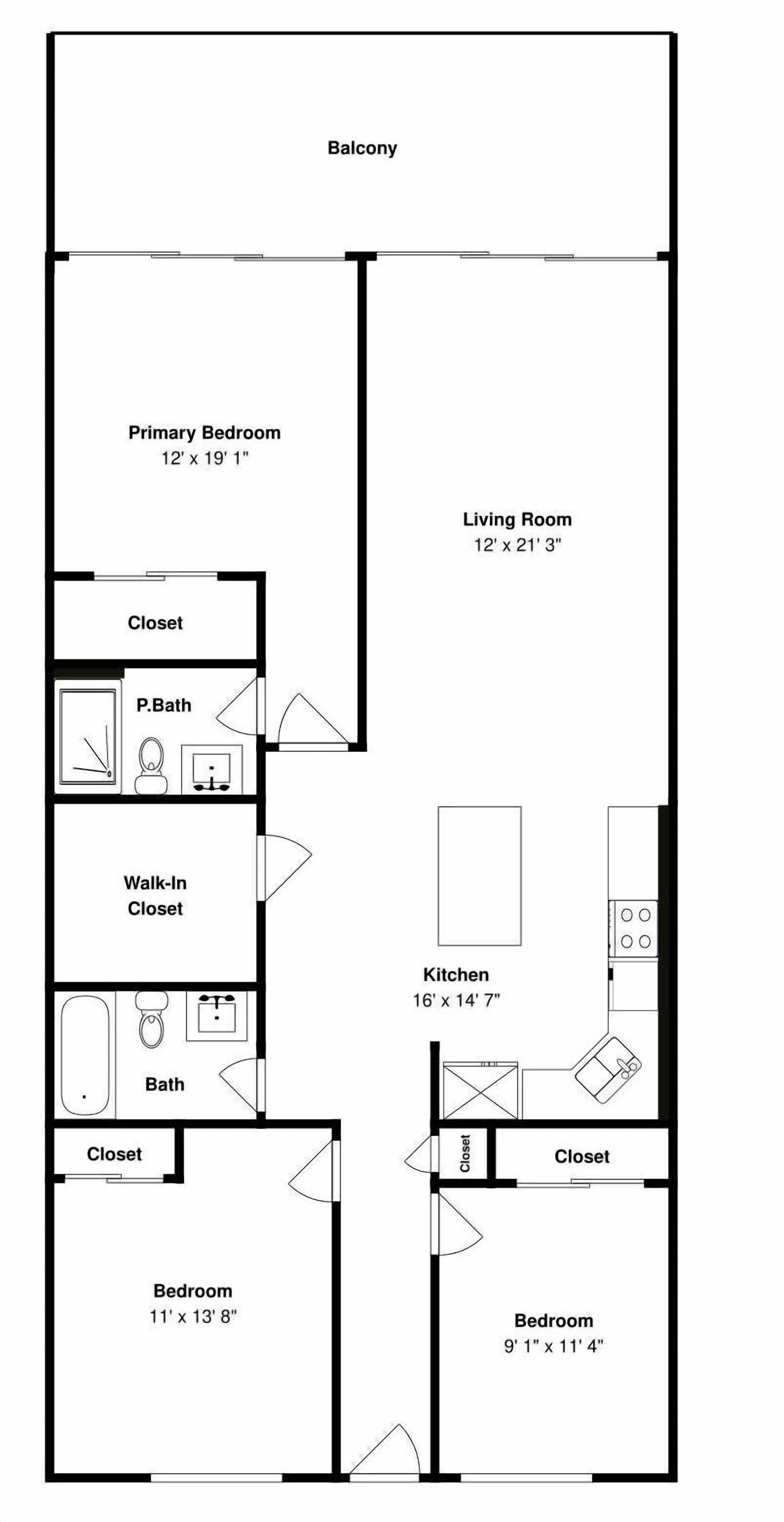 Ein Grundriss eines Hauses mit Balkon, Hauptschlafzimmer, Wohnzimmer, Küche, zwei Schlafzimmern und einem Badezimmer.