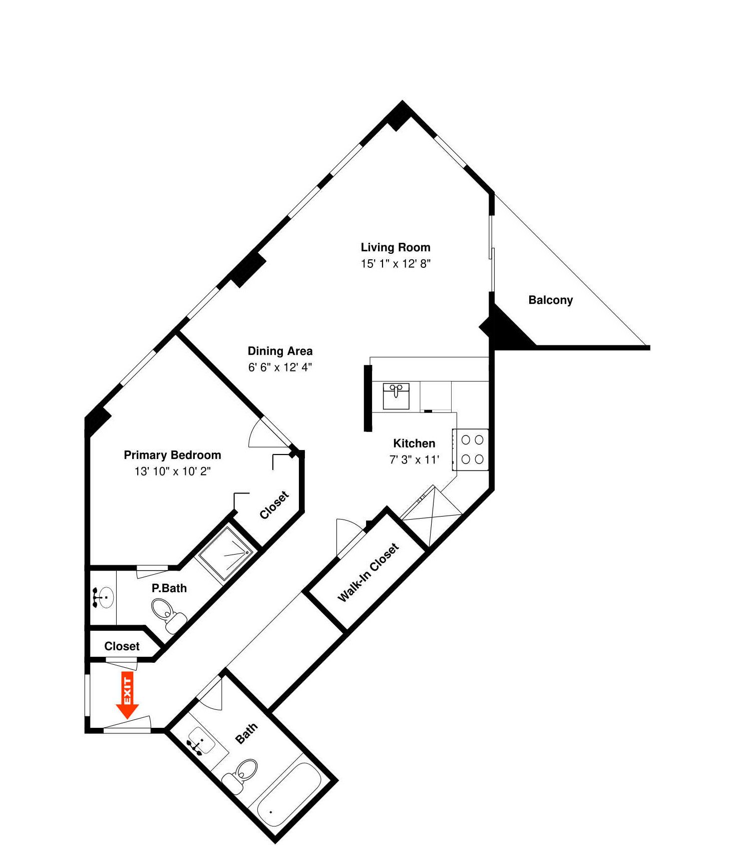 Een plattegrond van een huis met een woonkamer, eetgedeelte, keuken, hoofdslaapkamer en een balkon.