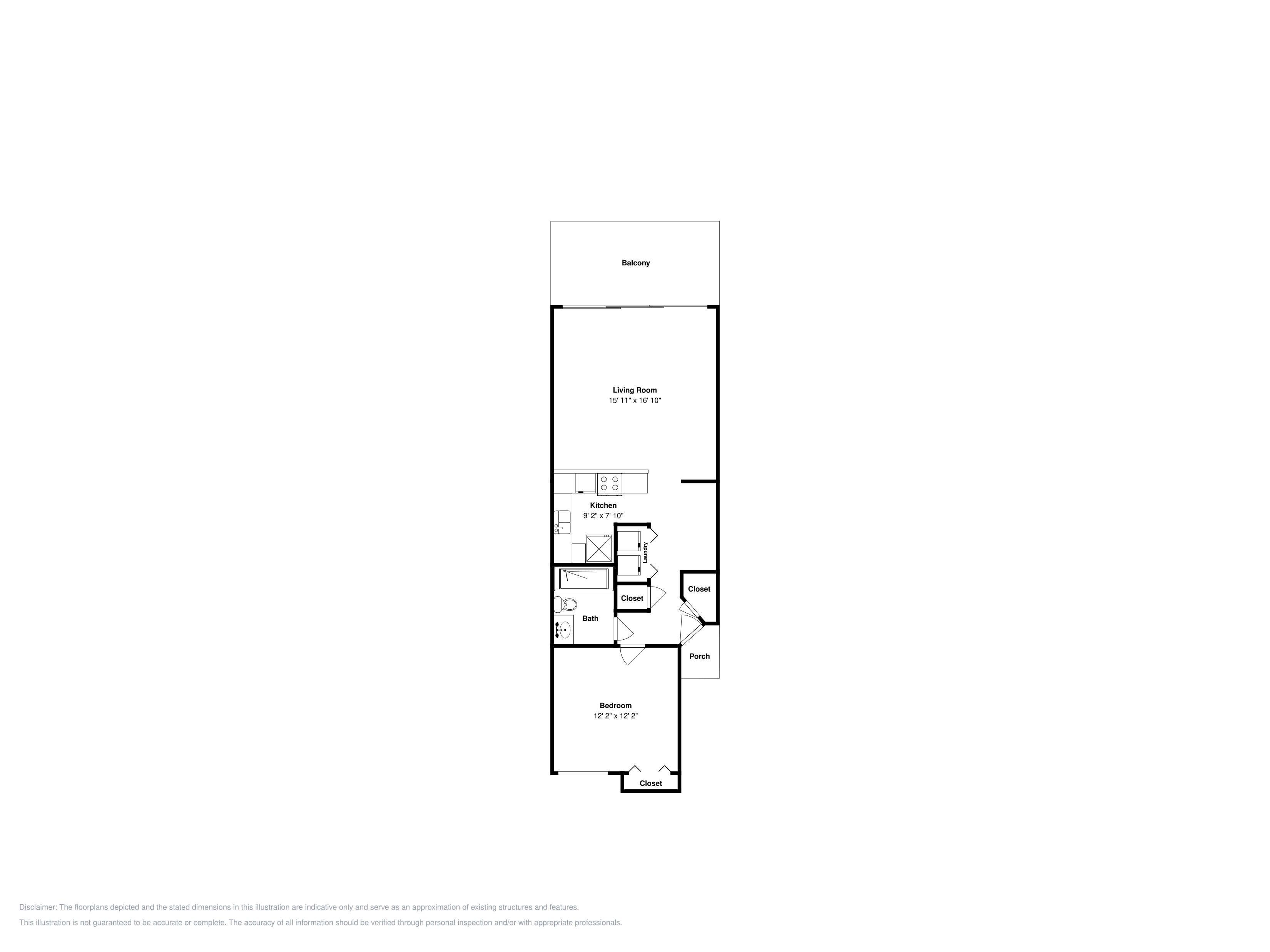 Plano de planta que muestra un balcón, sala de estar, cocina, baño, dormitorio y armarios.