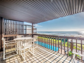 Enjoy dining or relaxing on the deck overlooking the ocean.