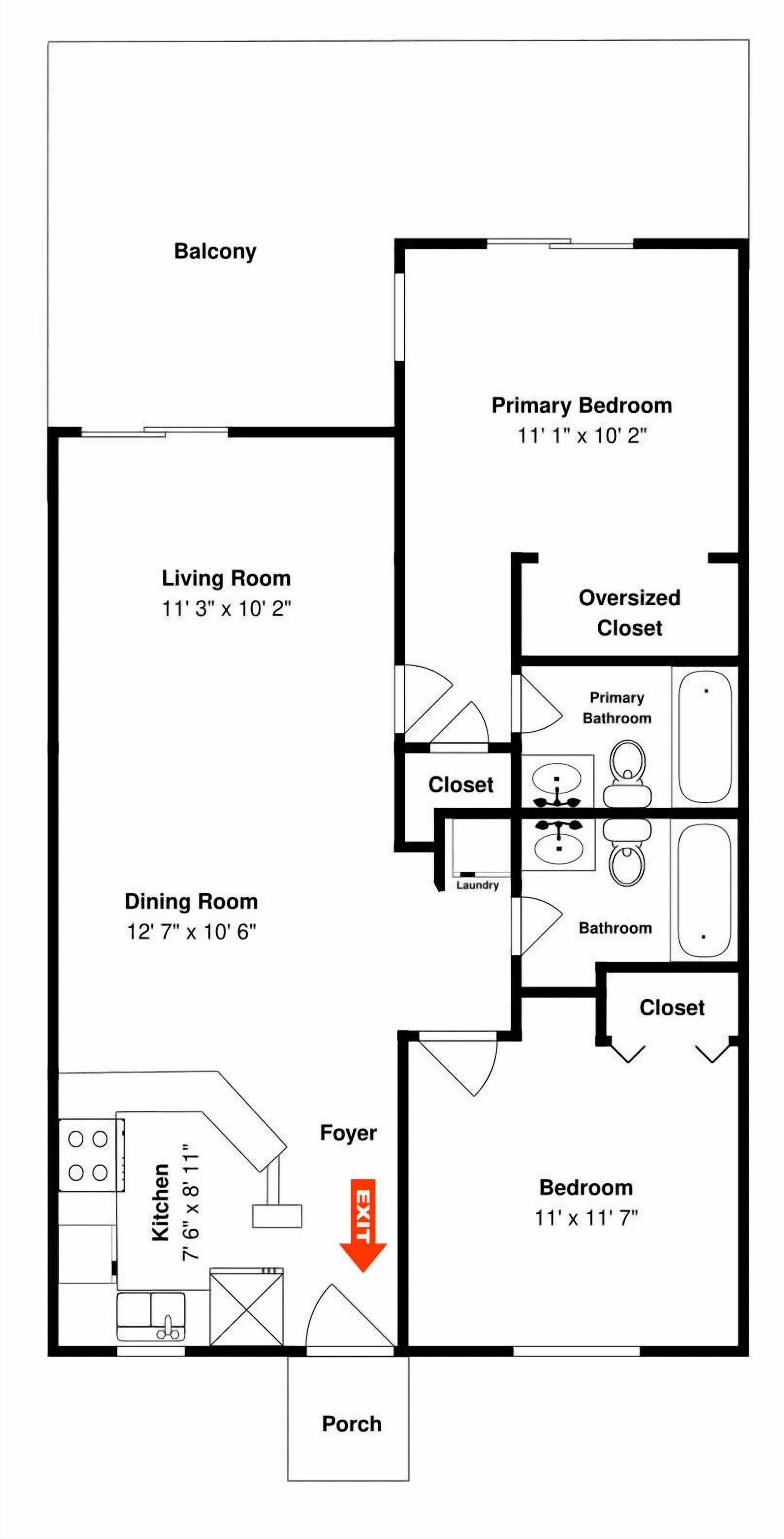 Plano de planta de una habitación de hotel con balcón, habitación principal, sala de estar, comedor, cocina, vestíbulo y otra habitación.