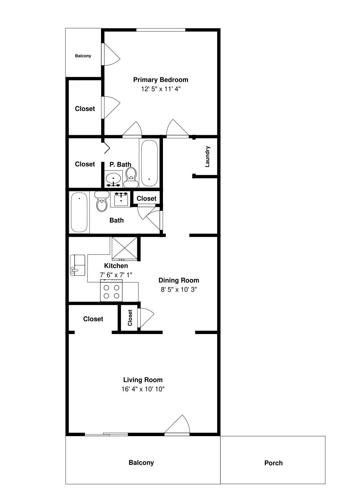 A floor plan with a primary bedroom, closet, kitchen, dining room, living room, balcony, and porch.