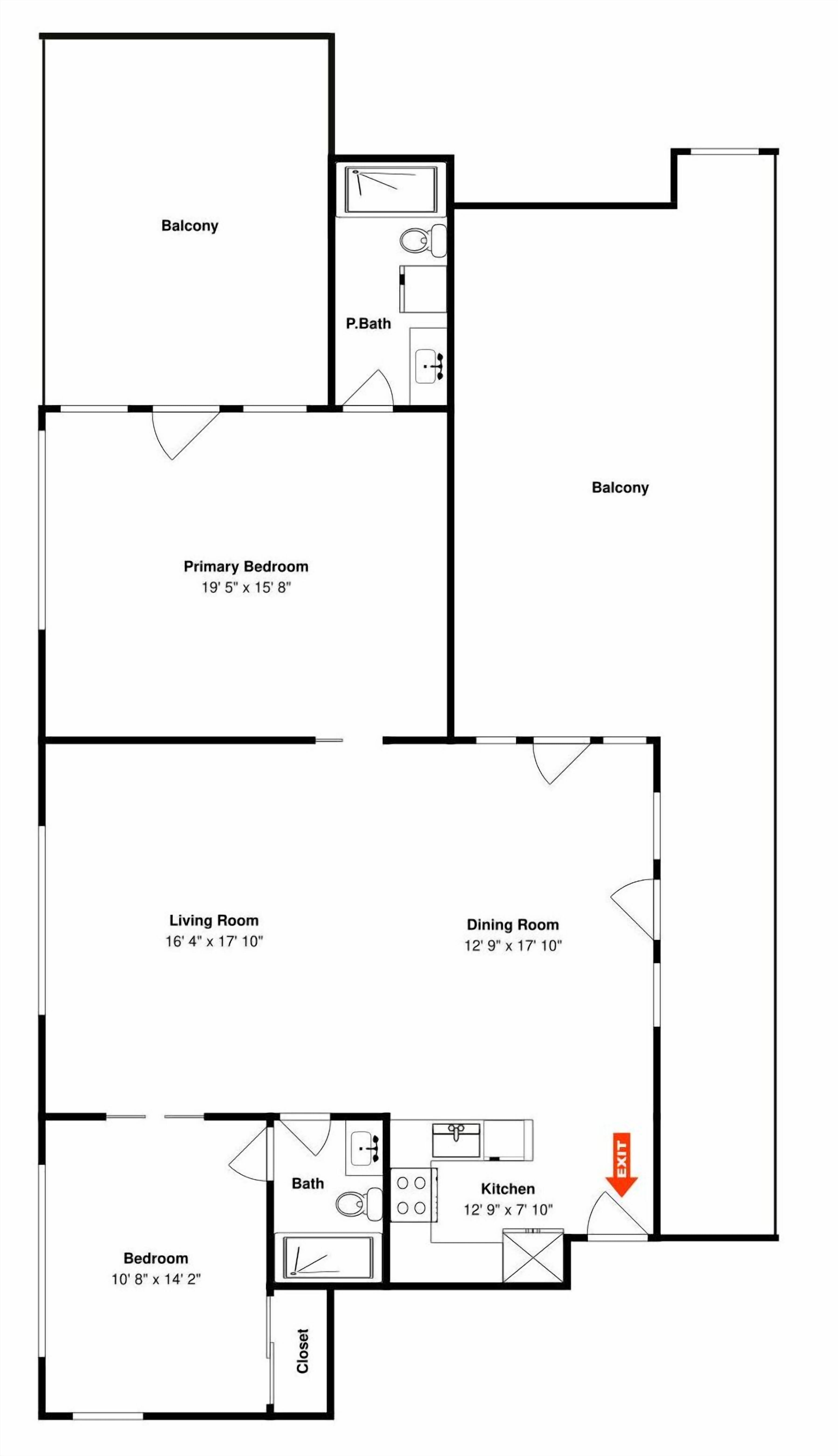 A floor plan with a balcony, primary bedroom, living room, dining room, kitchen, bathroom, and a bedroom.