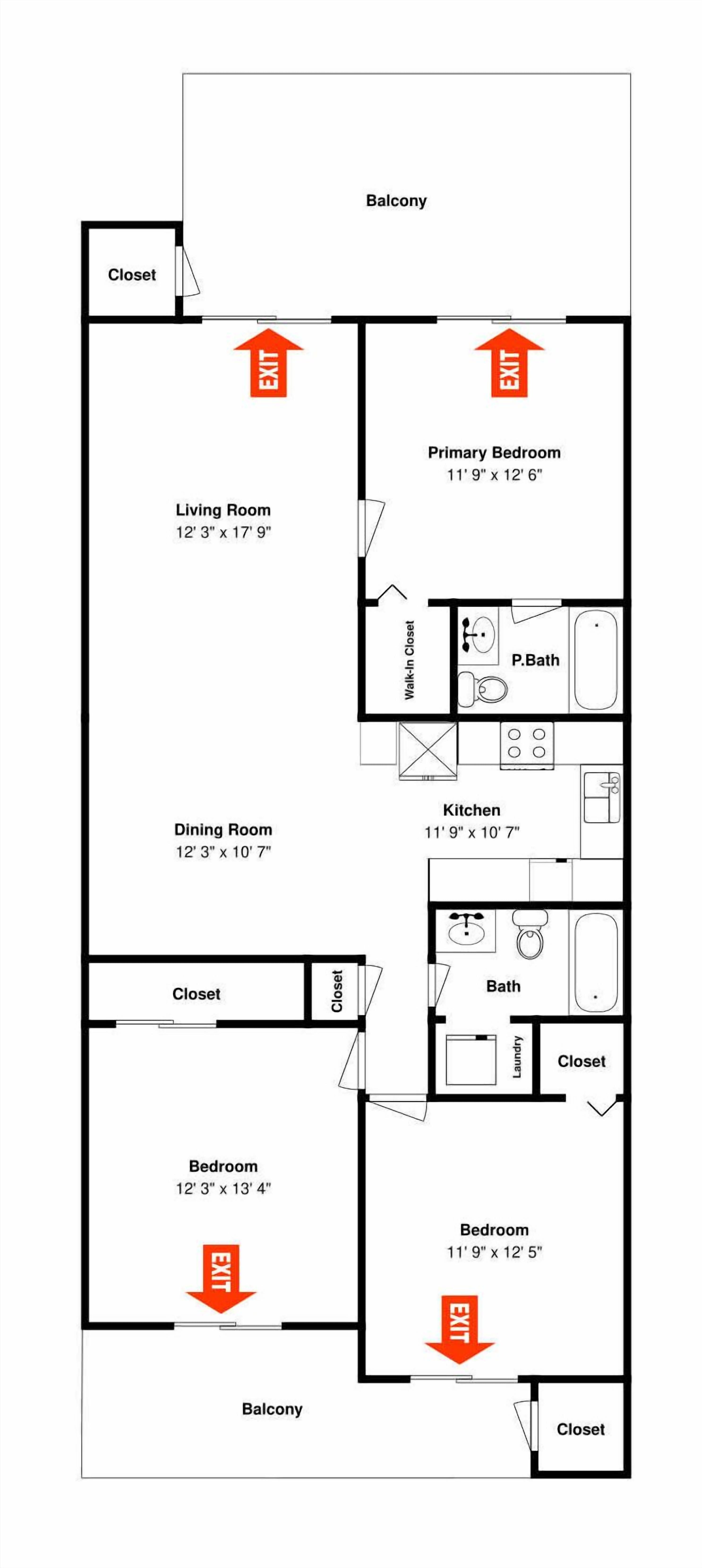 Ein Grundriss mit Wohnzimmer, Esszimmer, zwei Schlafzimmern, einer Küche und einem Balkon.