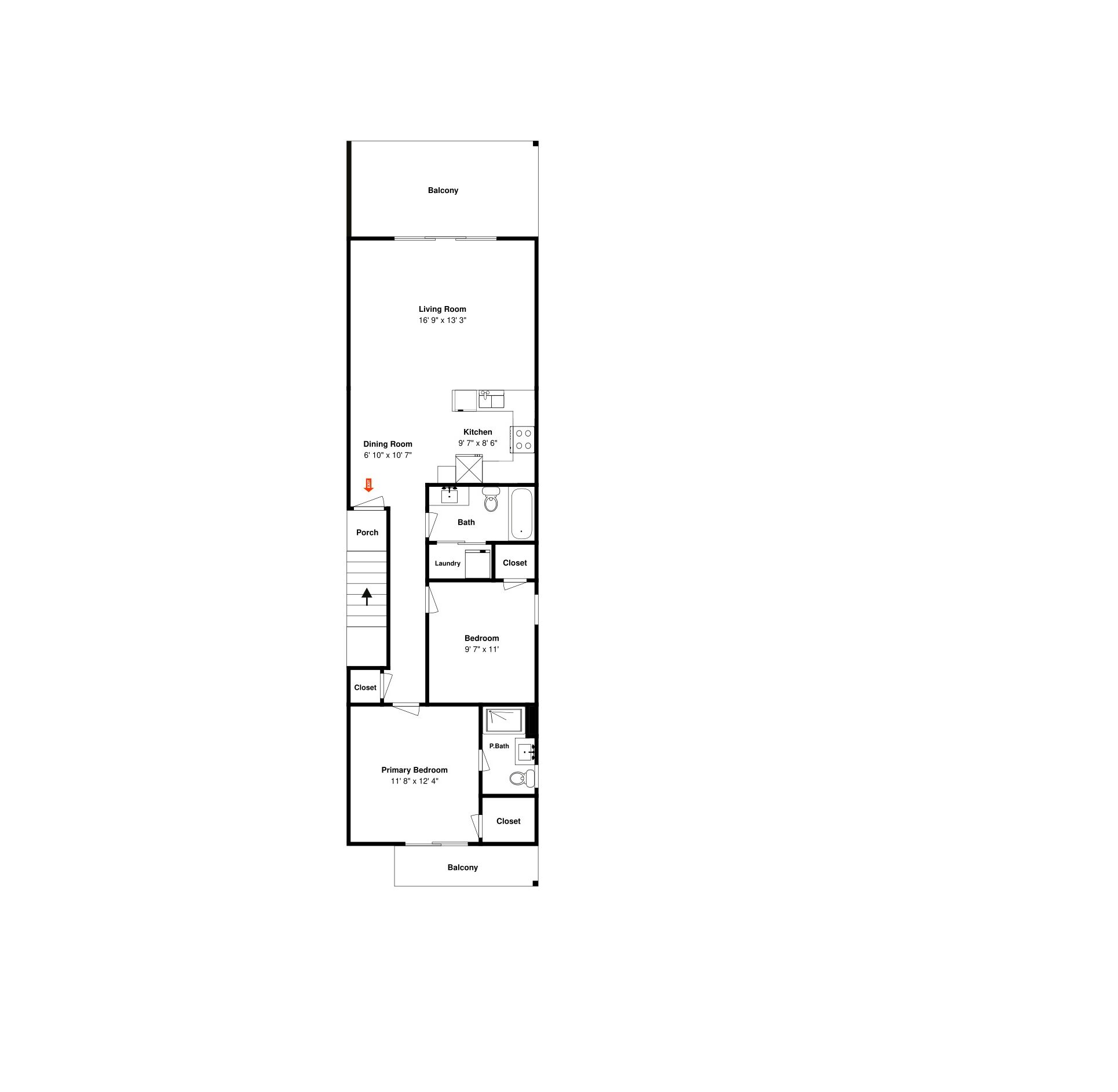 A floor plan of a hotel room with a living room, dining room, kitchen, bathroom, and two bedrooms.