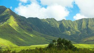 A mountainous landscape with lush green hills and a clear sky.