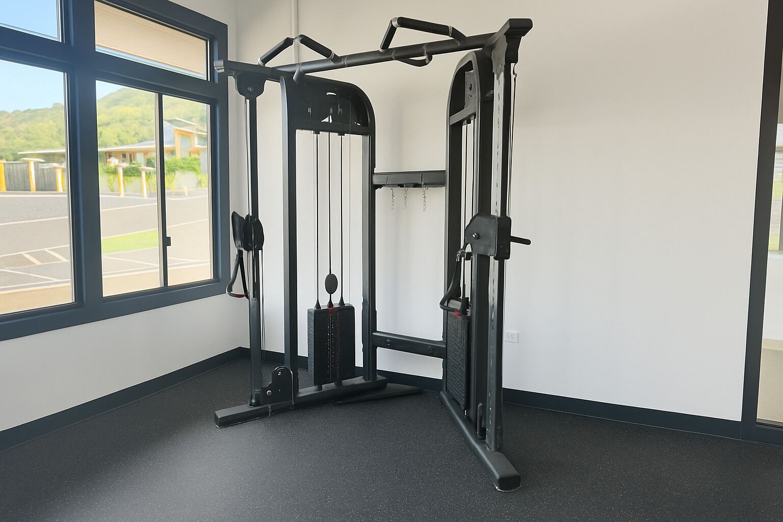 A gym with a pull-up bar, weight stack, and a bench.