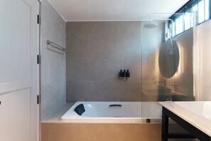 A modern bathroom with a glass-enclosed shower, a bathtub, and a vanity with a mirror.