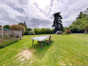 Taula de ping-pong en una zona exterior amb gespa, arbres i una tanca de fusta al fons.