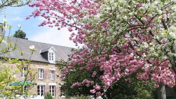 A stone building with a sloped roof, surrounded by a well-maintained lawn and flowering trees. - La Longère 1750 30pers Hambye, piscine grand jardin (Hambye)