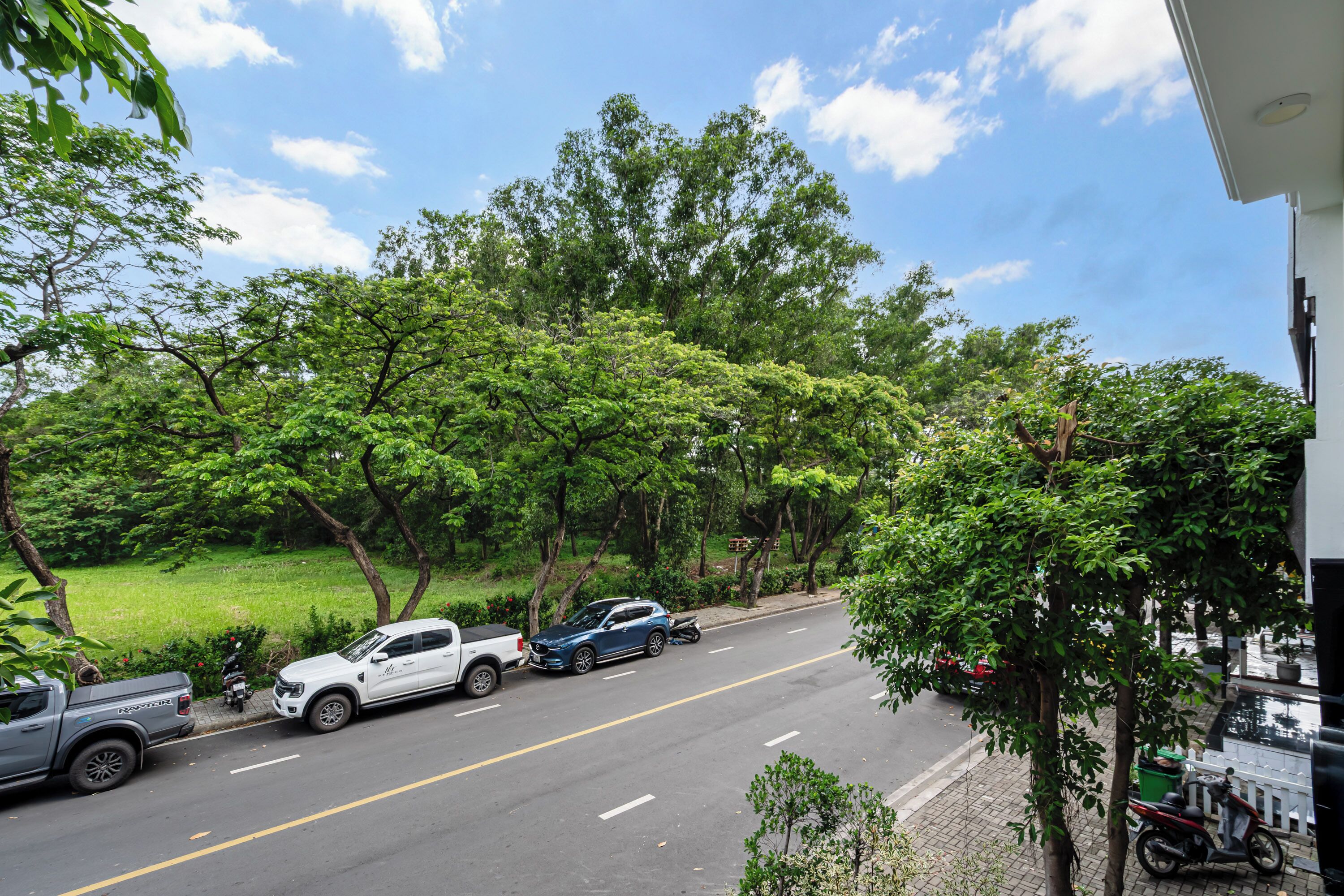 A street view with parked vehicles, trees, and a clear sky.