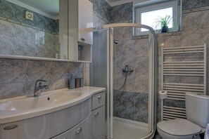 Shower, hair dryer, towels