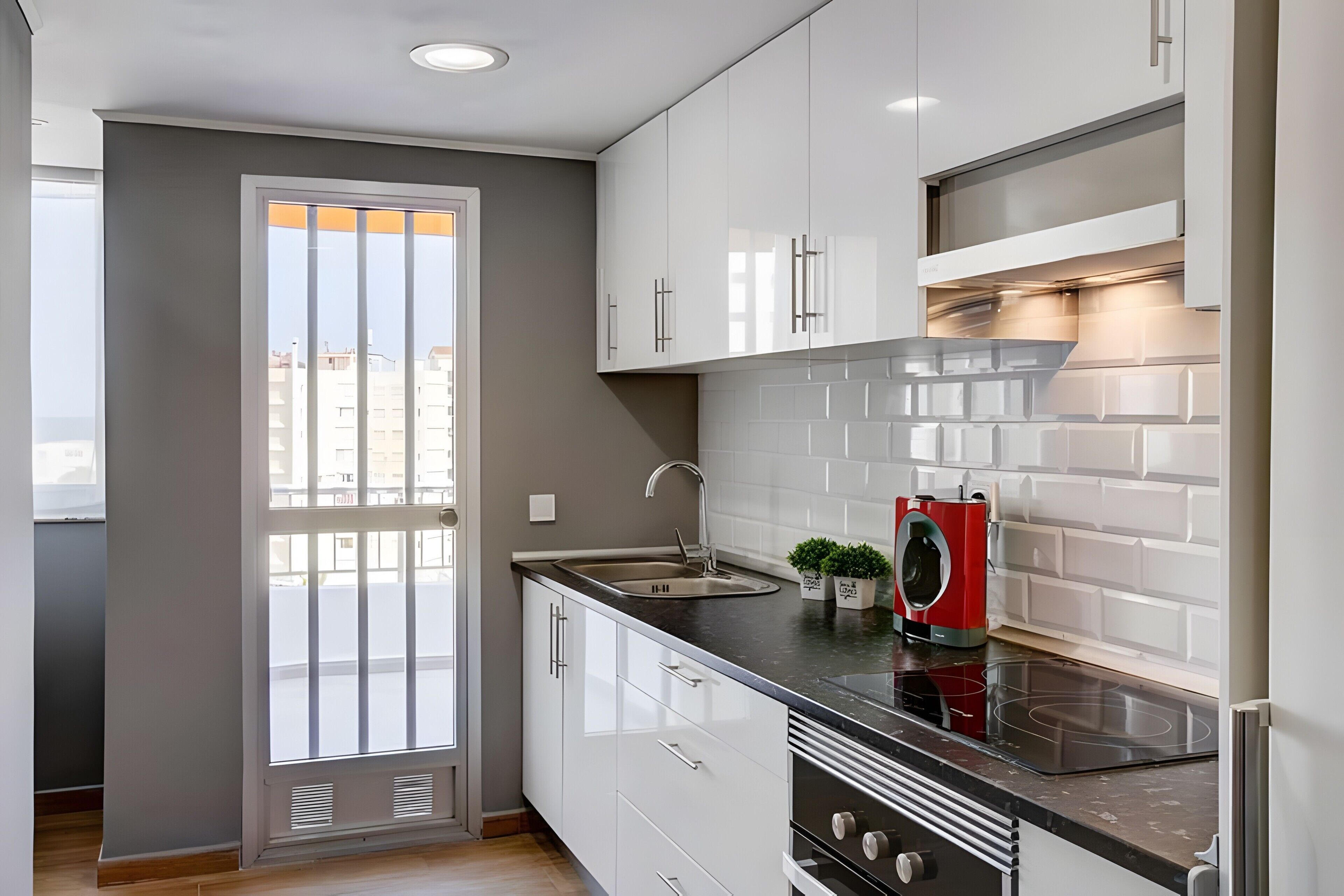 Frigorífico, microondas, horno y placa de cocina