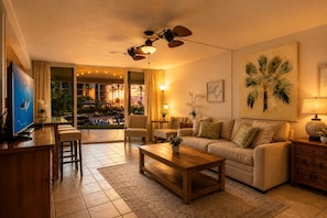 Villa, 1 Bedroom (Ocean View, Sleeps 4 (HOL-102)) | Living area | TV - Hale Ona Loa HOL-102 by KBM (Kaanapali)