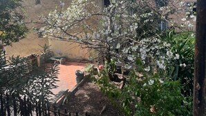 Un patio con un edificio, una valla y árboles en flor.