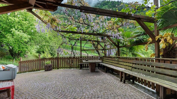 A covered outdoor area with a wooden bench, a stone table, and a wooden pergola with hanging purple flowers.