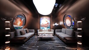 A modern lounge with two sofas, a coffee table, and large windows with panoramic views. - chongqinglangxidujiajiudian (Deyang)