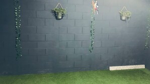 Una habitación con una pared de ladrillo oscuro, dos macetas colgantes con plantas verdes y una sección de césped artificial.