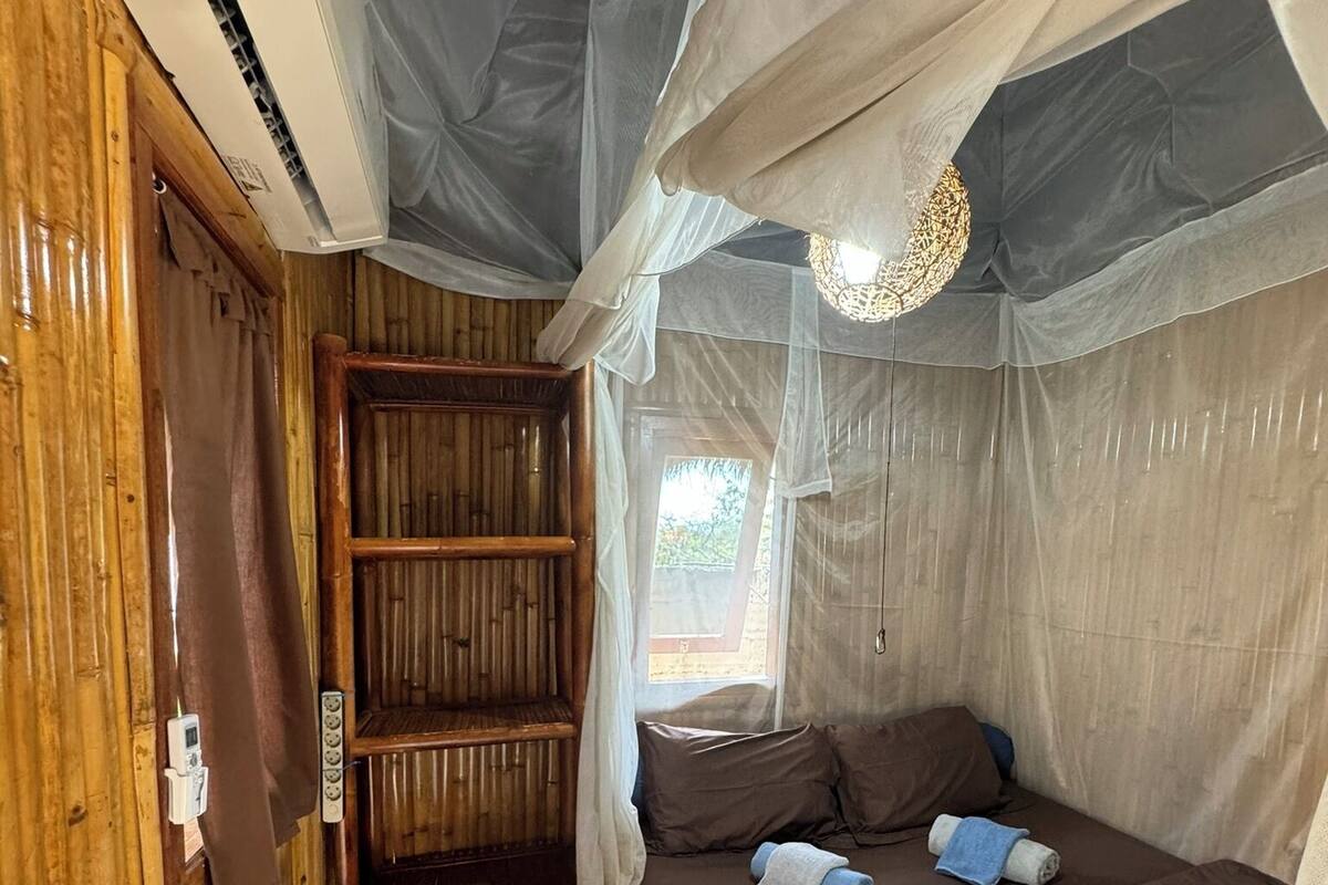 A room with a bed, a wooden bookshelf, and a mosquito net.