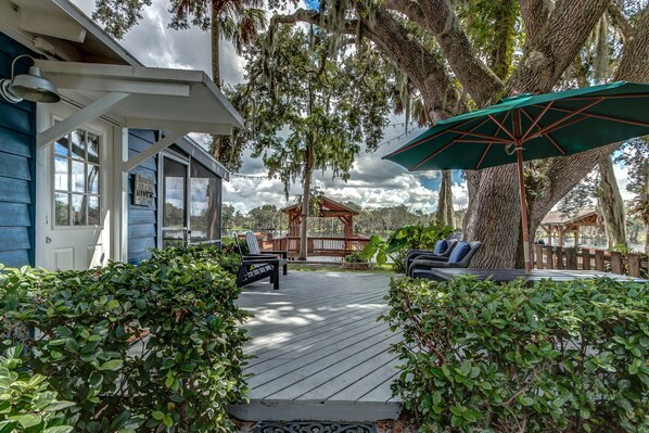 Terrace/patio - The Cozy Euphoric cottage nestled in nature with relaxing River front views. (Osteen)