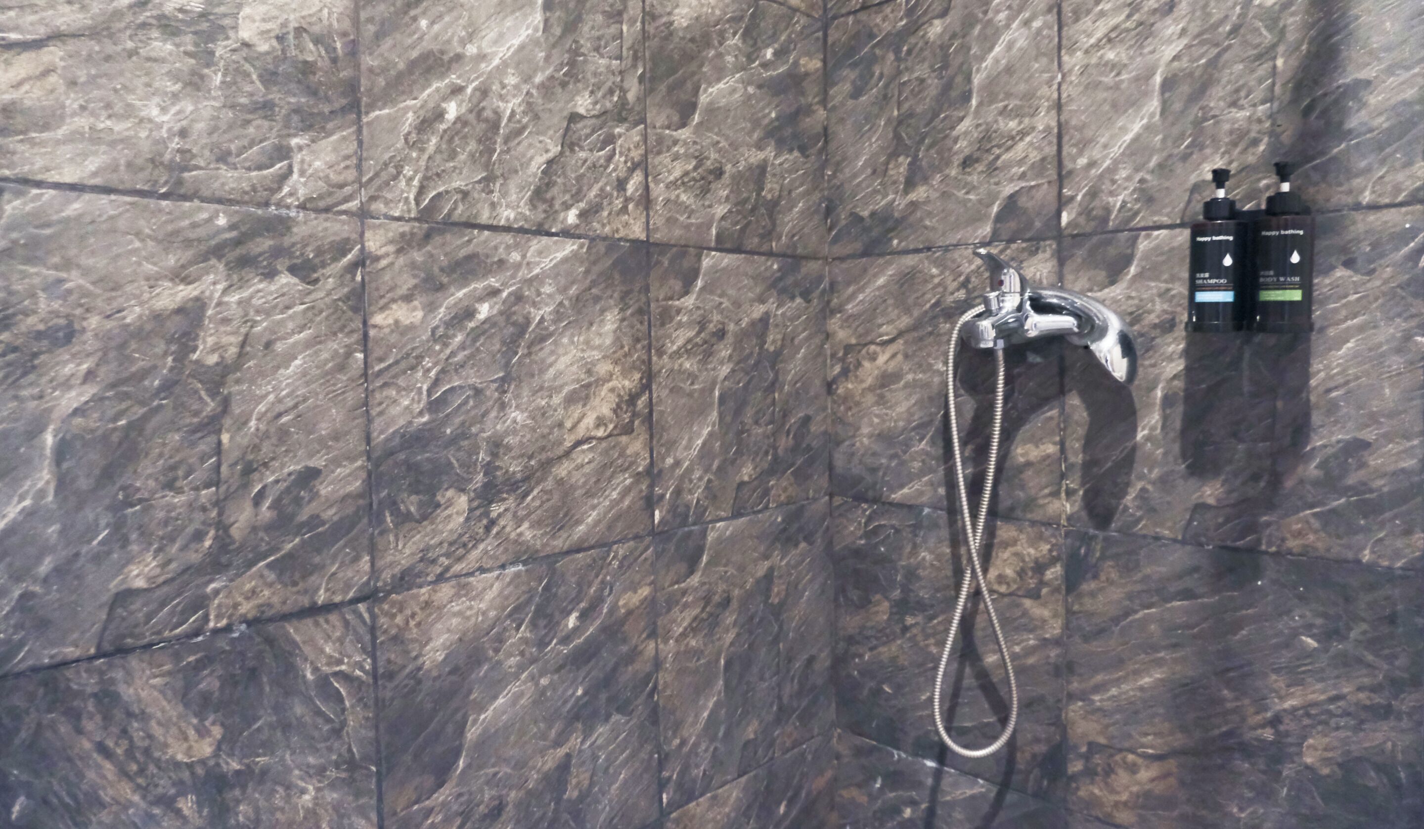 A marble shower wall with a handheld showerhead and two bottles of shampoo and body wash.