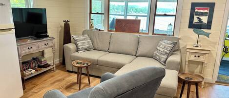 Smart TV, fireplace, DVD player, books