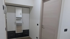 A room with a wooden floor, a wardrobe with a mirror, and a door.