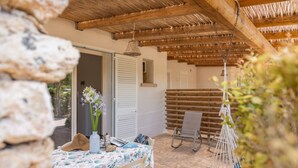 A cozy outdoor seating area with a table, chairs, and a hanging chair.