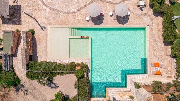 Vista aérea de una piscina con un diseño geométrico único, rodeada por un área ajardinada con árboles y un muro de piedra.
