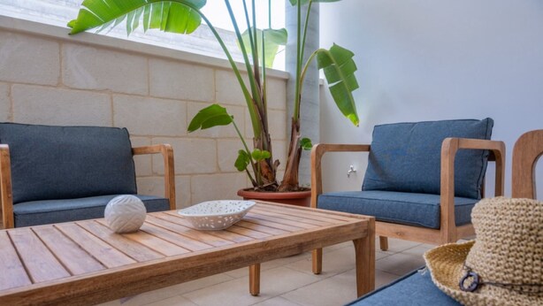 Un espace de détente intérieur, chaleureux, avec deux canapés bleus confortables, une table basse en bois et une plante en pot.
