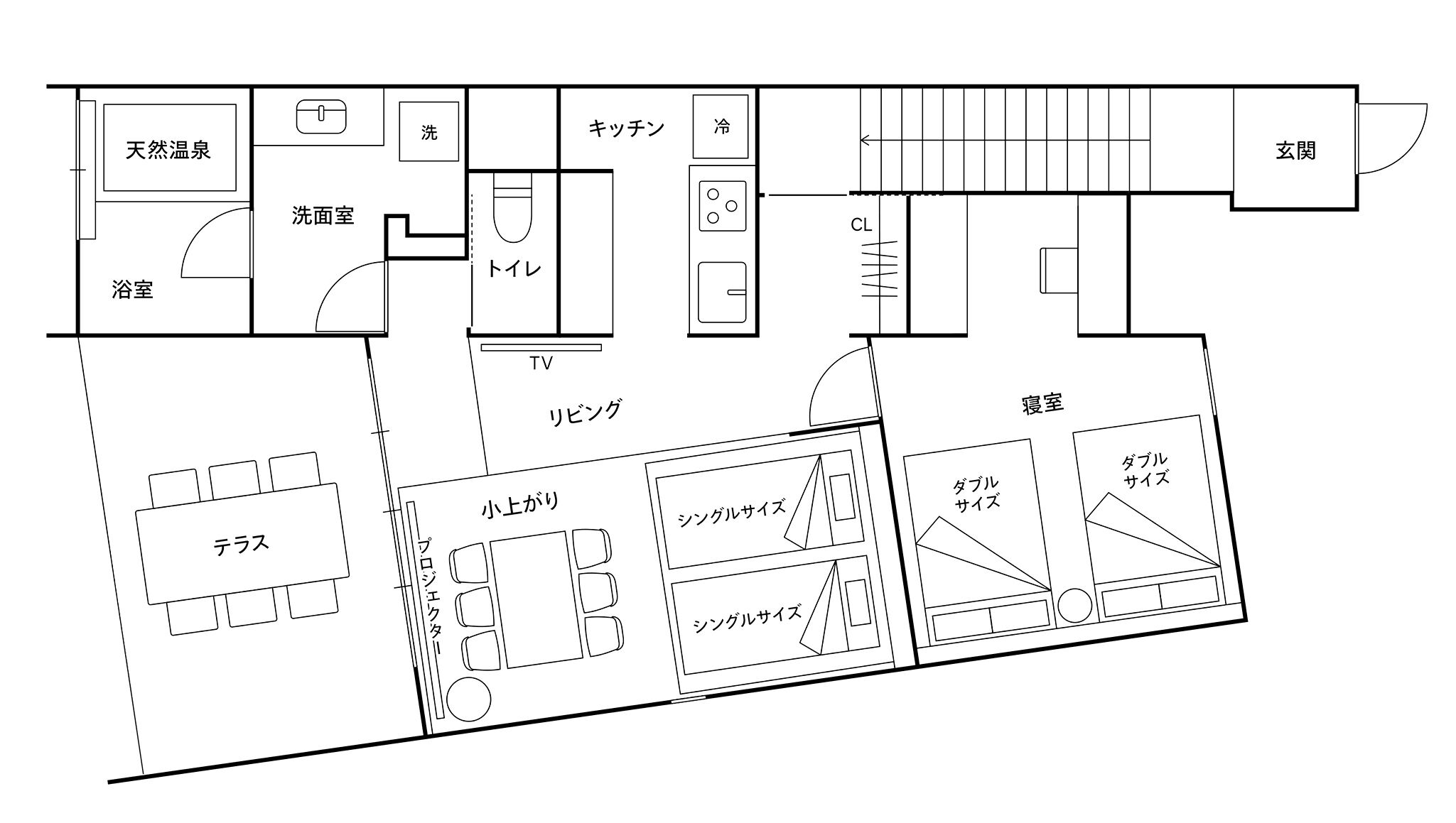 A hotel layout with a living room, TV room, and a balcony.
