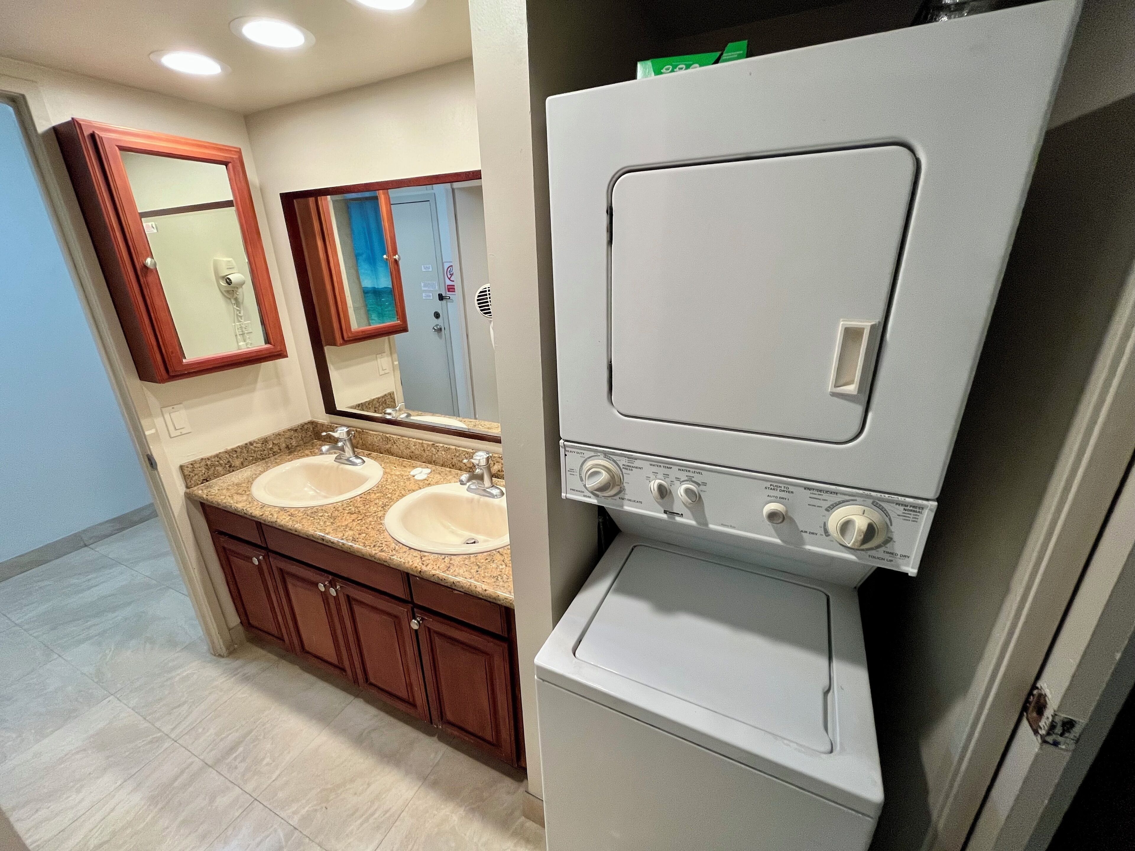 Hair dryer, towels, soap, toilet paper