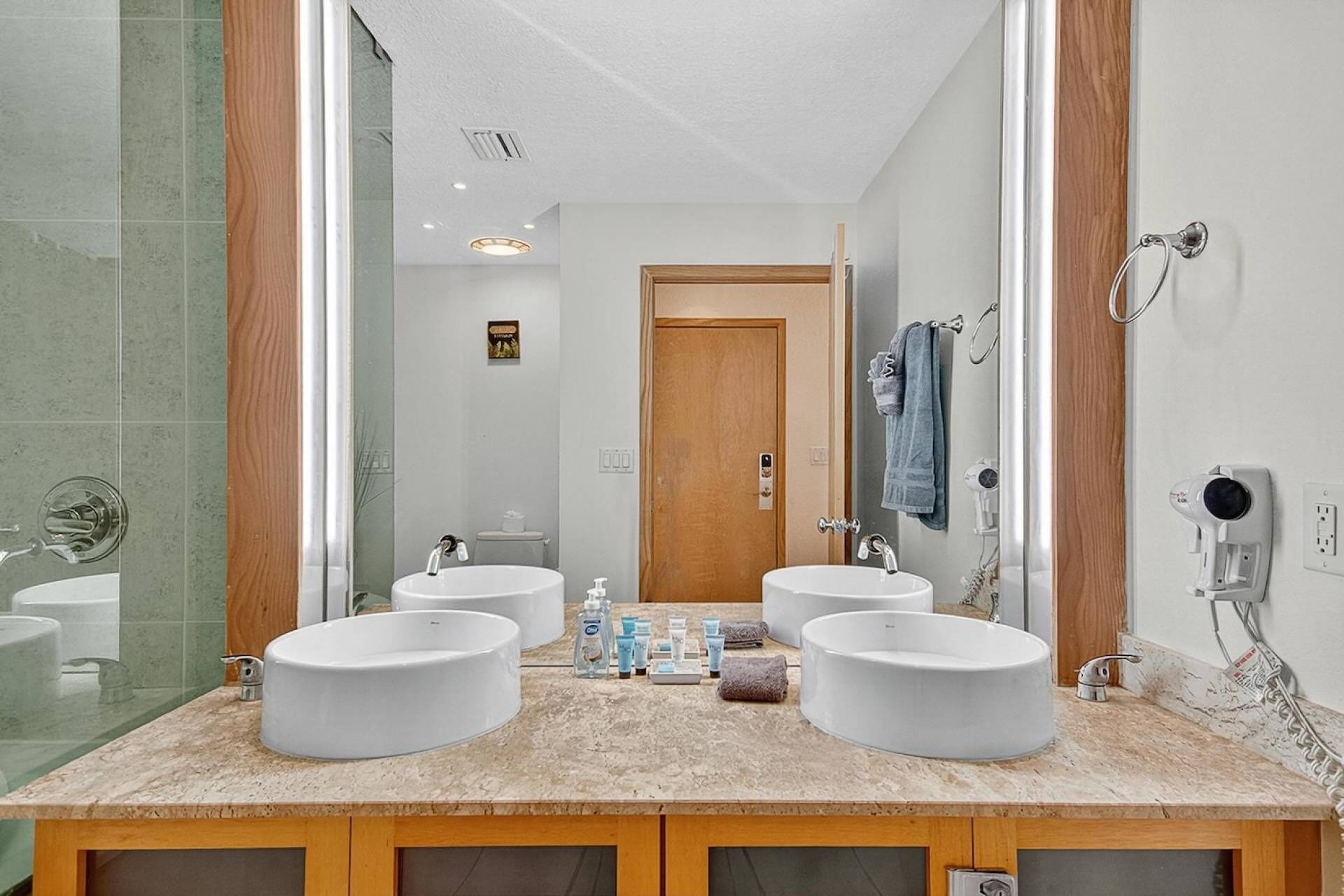 Hair dryer, towels, shampoo