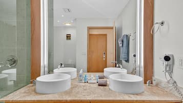 Hair dryer, towels, shampoo