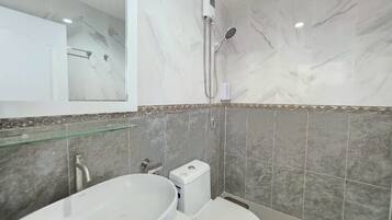 Shower, free toiletries, hair dryer, towels