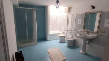 Een douche, een haardroger, een bidet, handdoeken