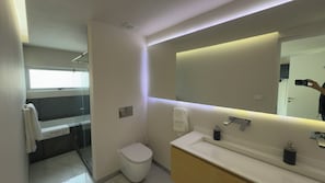 Shower, hair dryer, towels, soap