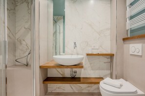 Shower, hair dryer, bidet, towels