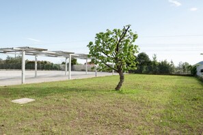 A covered outdoor area with a tree, a fence, and a building in the background.