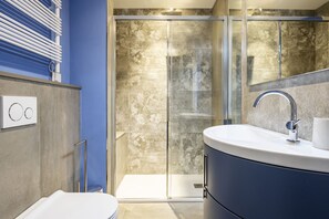Shower, hair dryer, bidet, towels