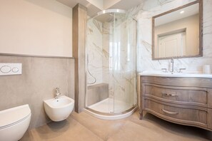 Shower, hair dryer, bidet, towels