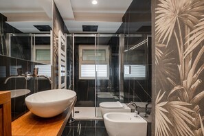 Shower, hair dryer, bidet, towels