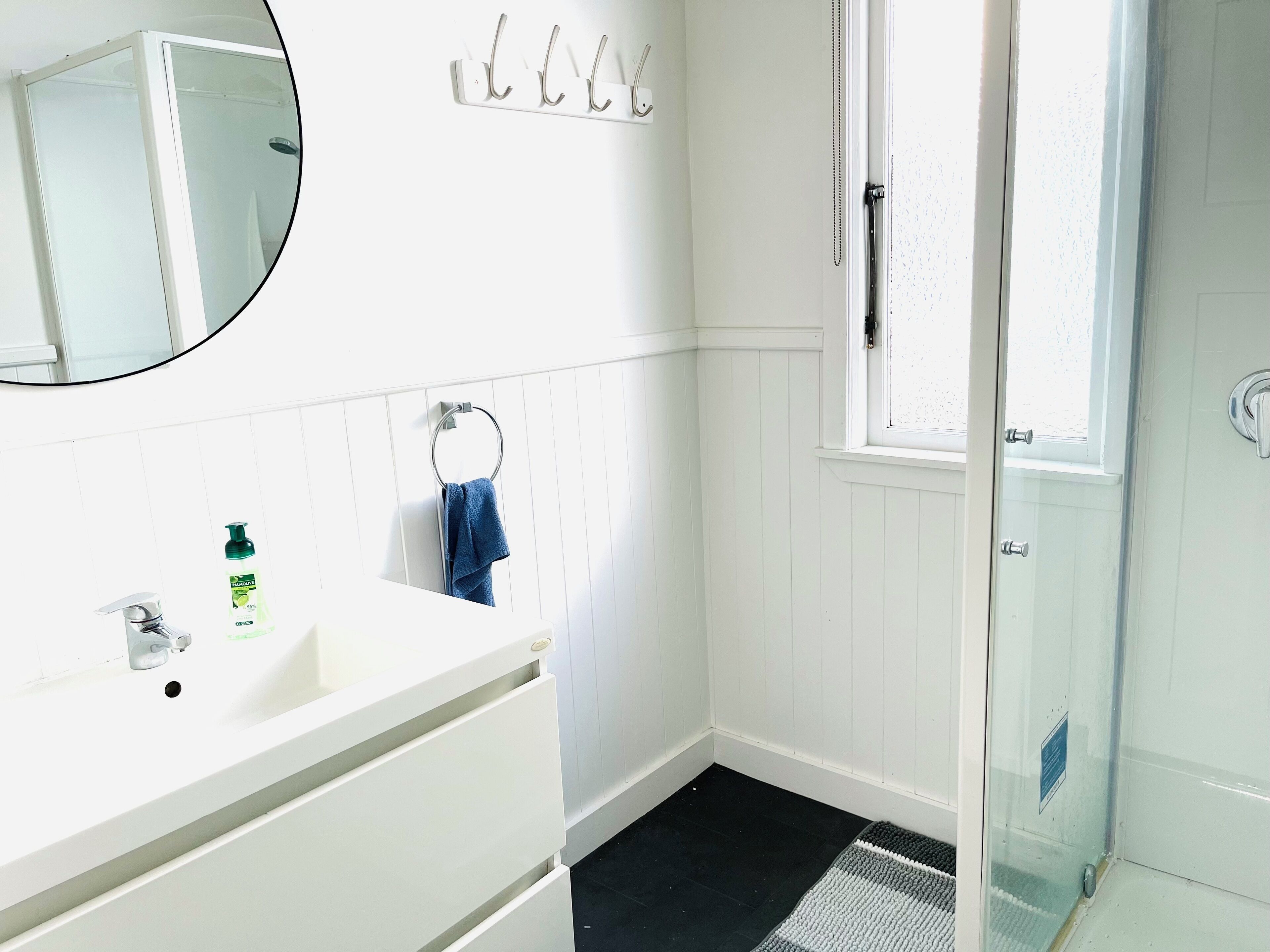 Shower, hair dryer, towels, soap