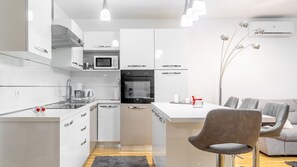 Fridge, microwave, oven, dishwasher