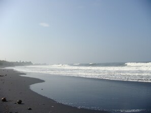 A beach with waves crashing onto the shore, a clear sky, and a distant shoreline with vegetation.