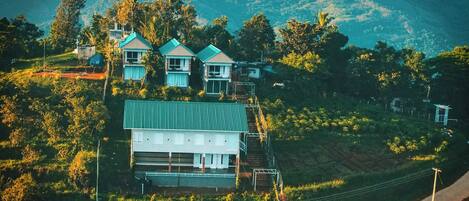 Une propriété située sur une colline, comprenant plusieurs bâtiments, dont une maison principale et une dépendance plus petite, le tout entouré d’une végétation luxuriante et avec des montagnes en toile de fond.